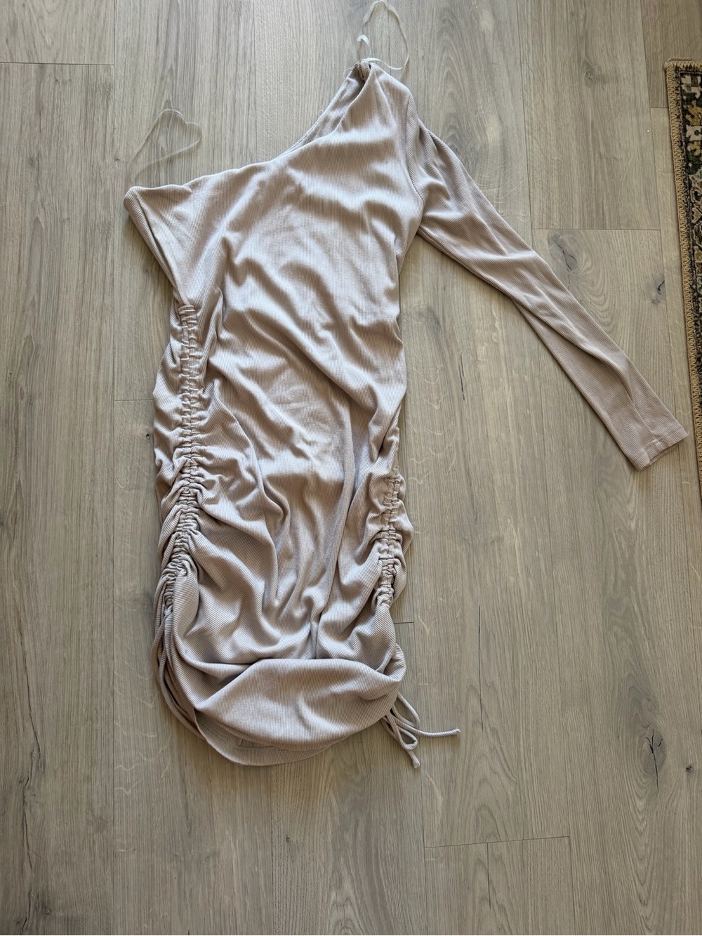 One-Shoulder Ruched Dress in Light Beige